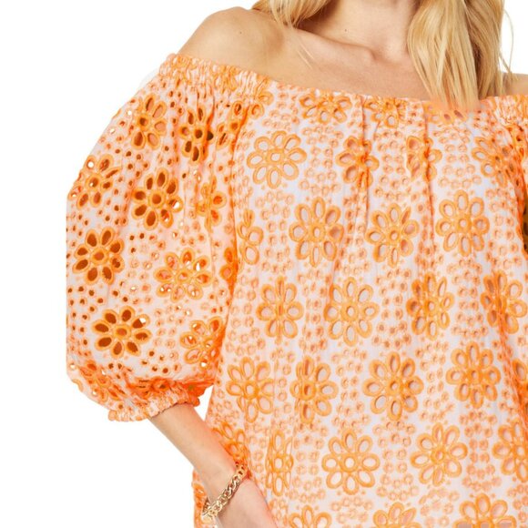 Lilly Pulitzer Kerrigan Elbow Sleeve Top Cantaloupe Funflower Eyelet - Picture 2 of 8